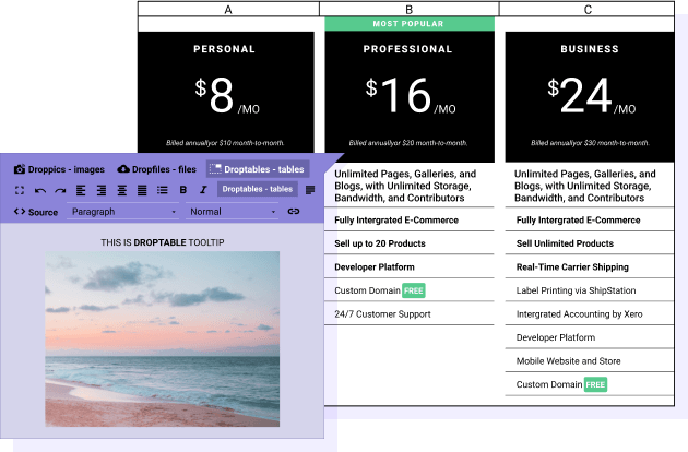 Tooltip editor in table cell