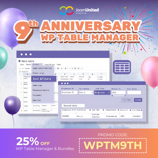 9th Anniversary WP Table Manager PopUp