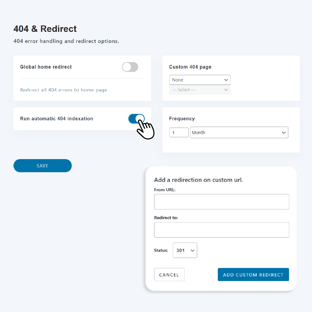 Automatic index 404 errors and apply redirect rules