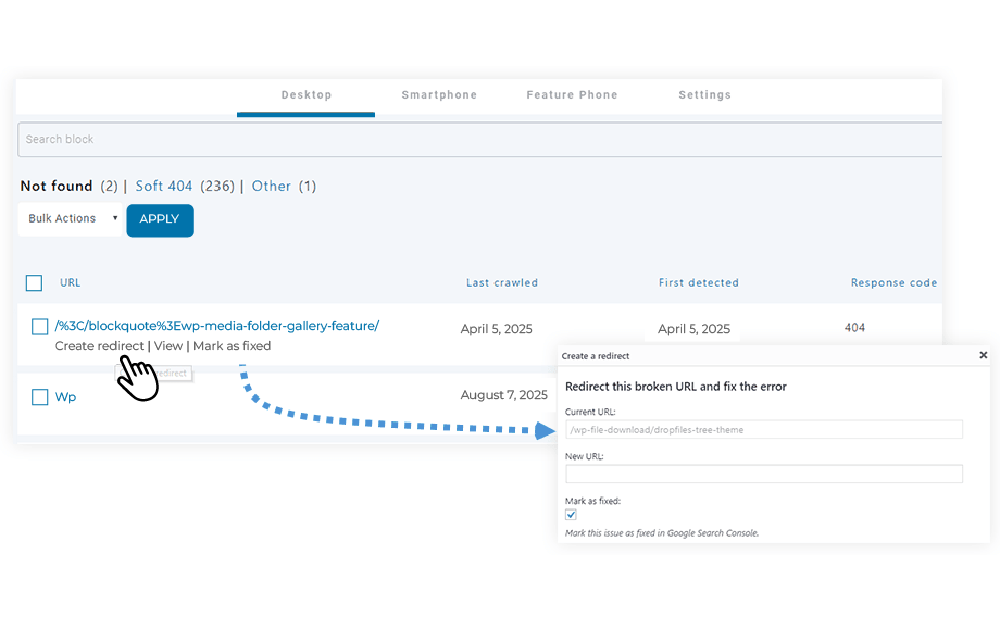 Google Search Console 404 errors import and fix