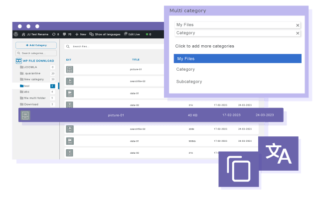 File in multiple categories by Polylang languages