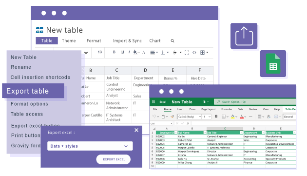 Export Gravity Forms table data to Google Sheets or Excel