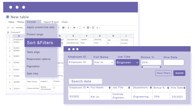 Table data sort and filter