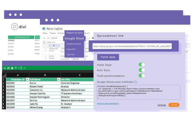Load a Google Sheets-based table in DIVI Builder