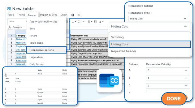 Responsive table using column hiding and display priority