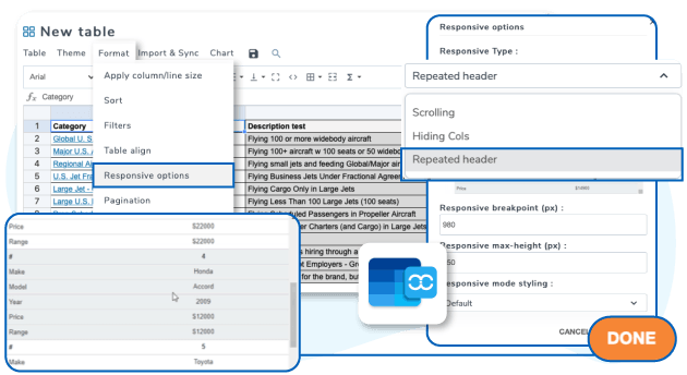 Responsive table using data header group mode