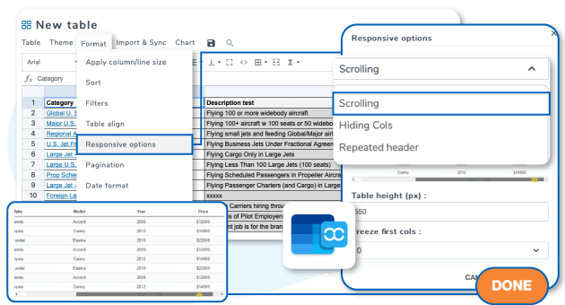 Responsive table using scrolling