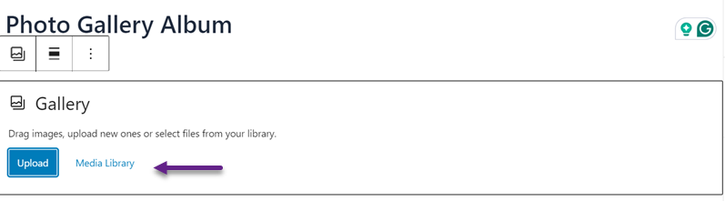 Click Upload or Media Library - Create a Photo Gallery with Albums in WordPress