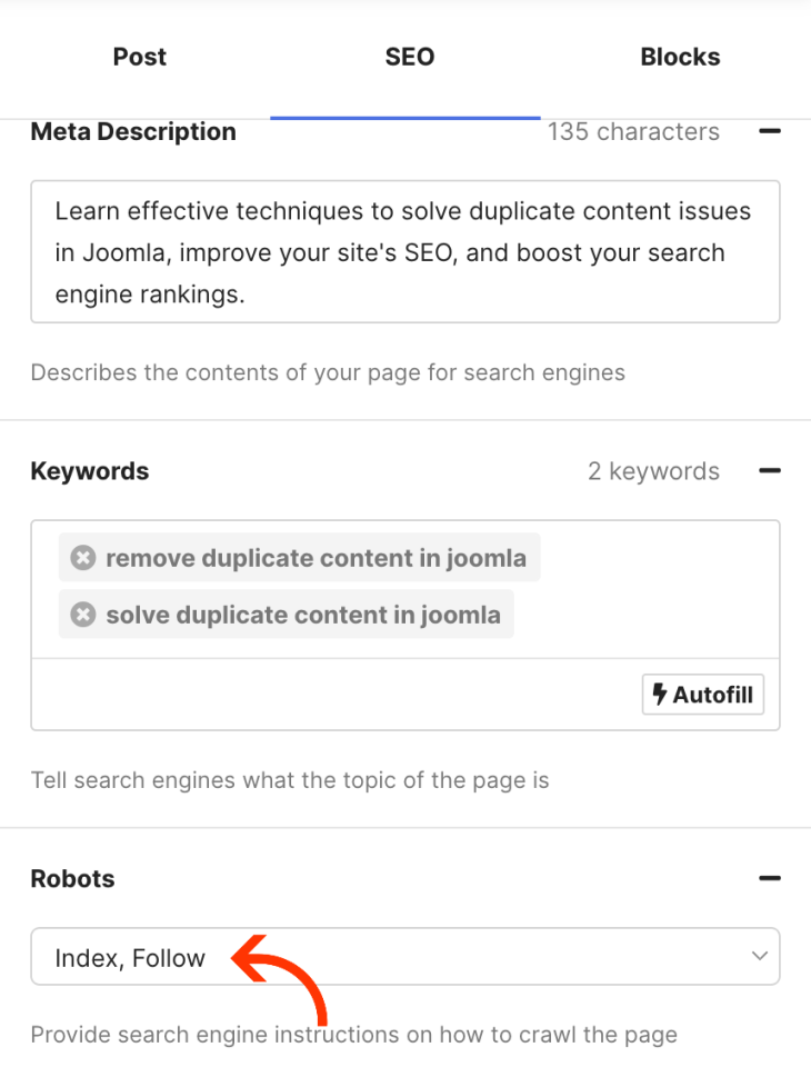 Setting Meta Tag Robots in Joomla