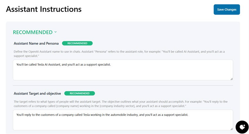 After that, scroll down to find the recommended instruction settings to personalize your assistant. In this section, you can set several things, each of which you must enter as a prompt that the assistant will use.  Assistant name and persona: Here, you can choose the name of the OpenAI Assistant who will be used in the conversation. The Assistant's 