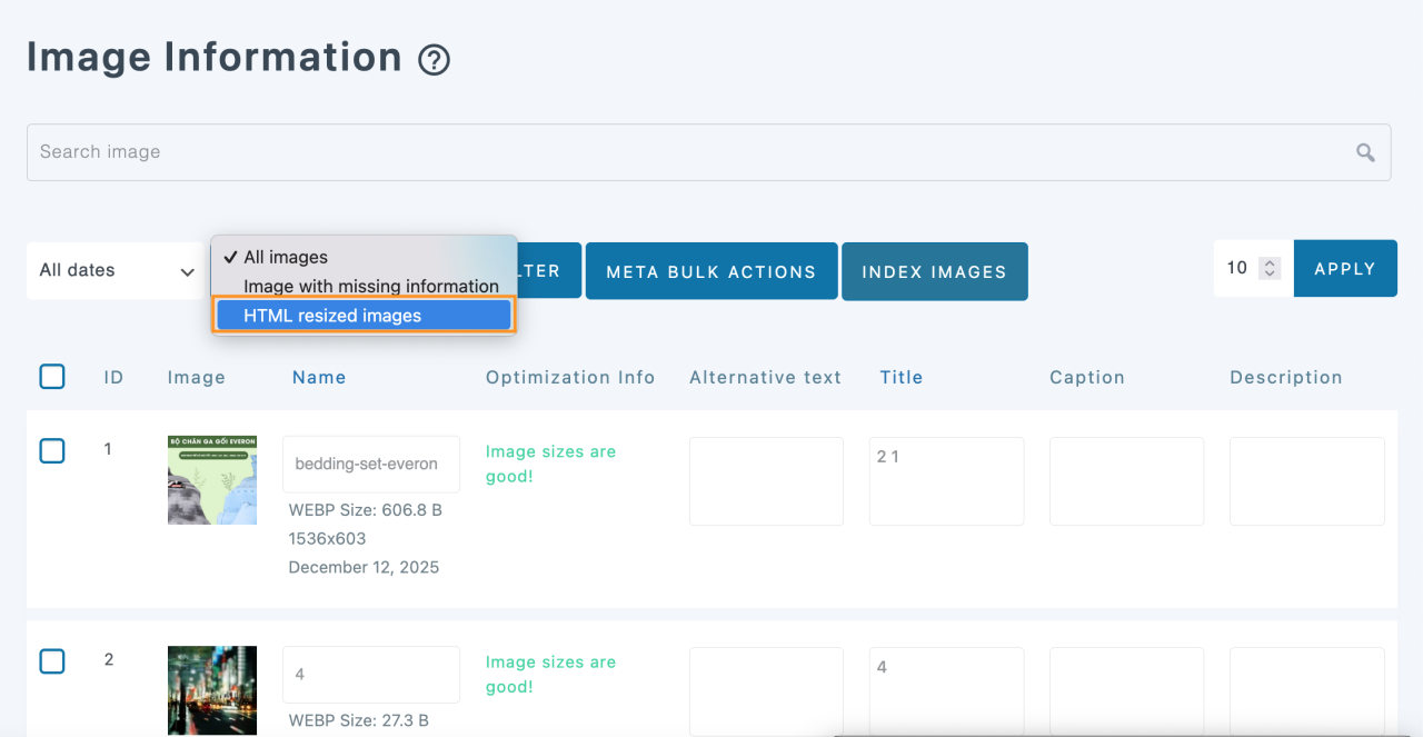 WP Meta SEO HTML Resized images