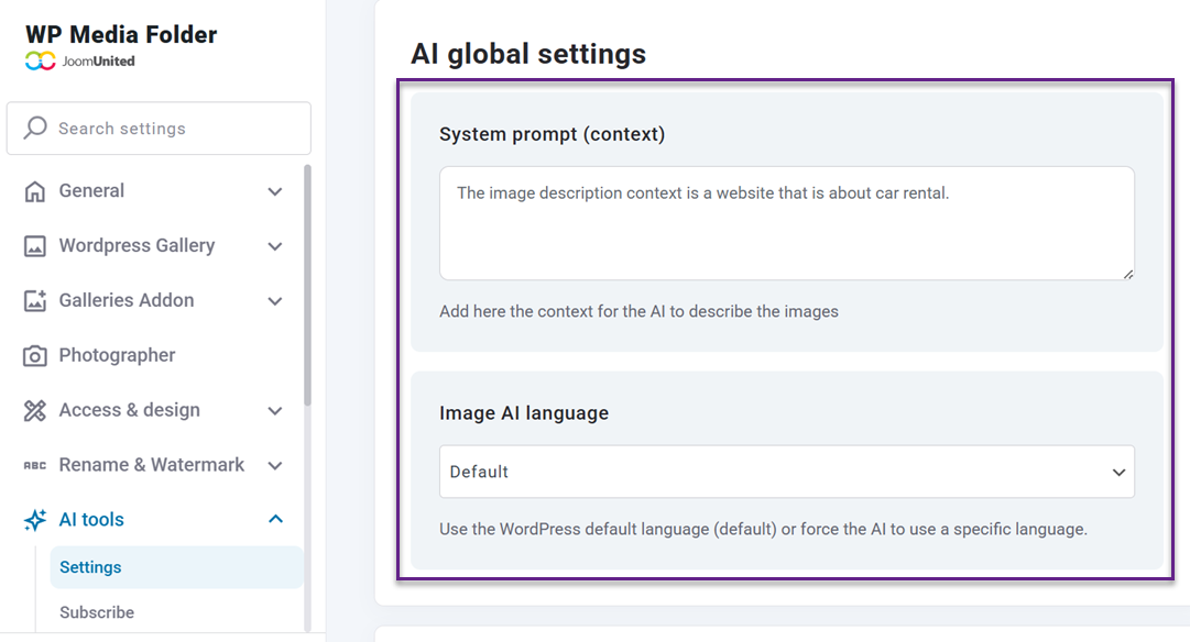 Set Context and Language - How to Automatically Generate SEO-Friendly Filenames for Images with WP Media Folder AI