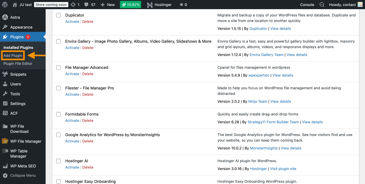 Plugins menu from the sidebar