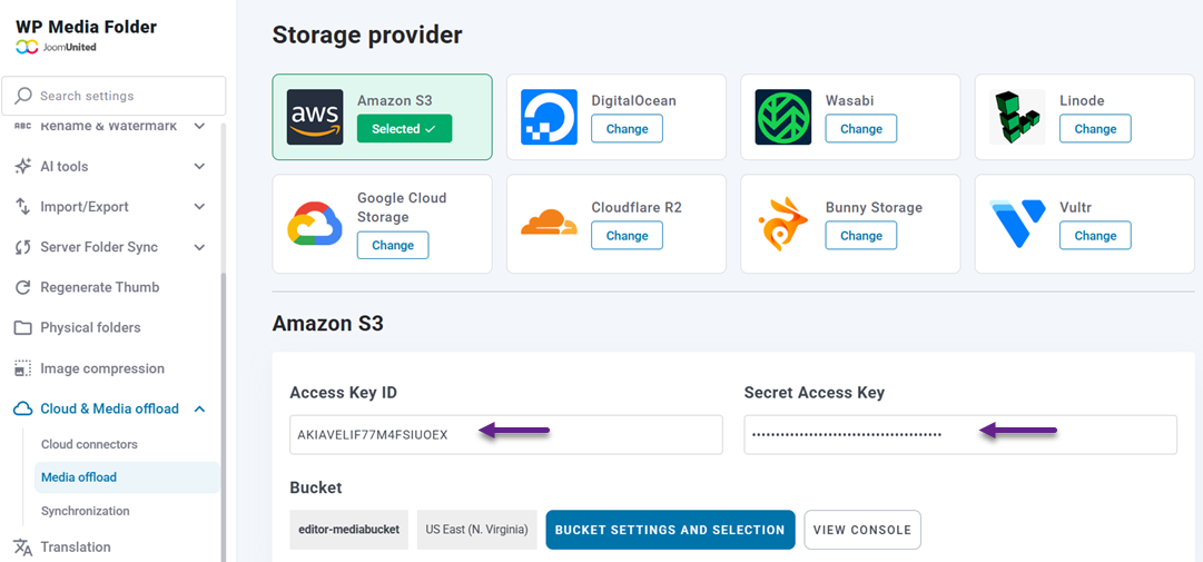 Insert Access Key - How to Connect Amazon S3 Buckets to WP Media Folder for Optimized Cloud Storage