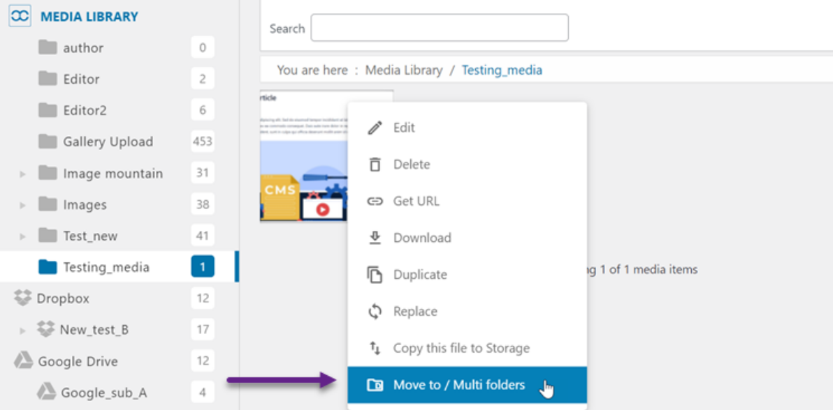Right-click Move to Multi Folders WP Media Folder