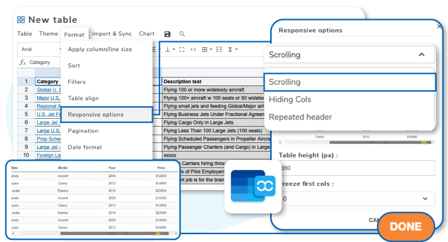 Responsive table using scrolling