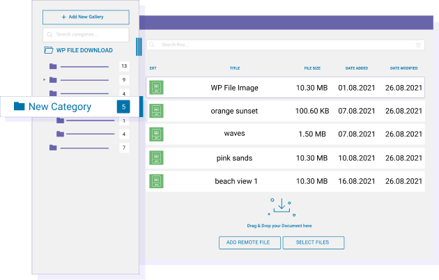 File categories manager with folder tree