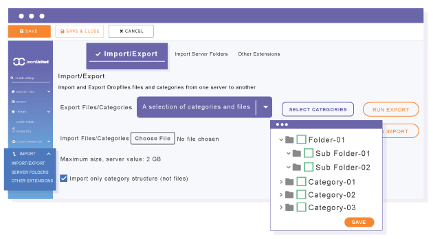 Export and import only the file structure