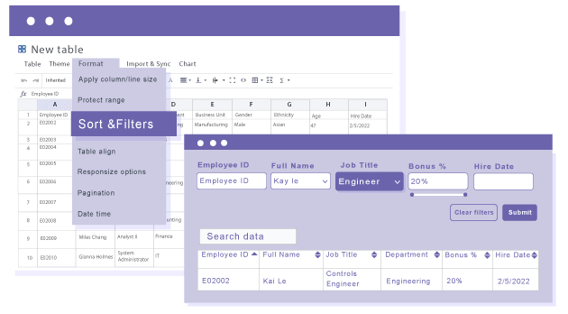 Table data sort and filter