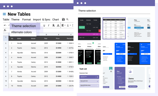 Table planning and data list themes