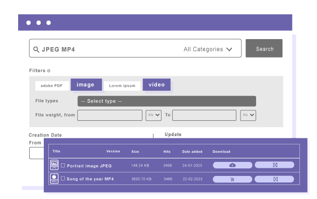 Search engine attached to file categories or standalone