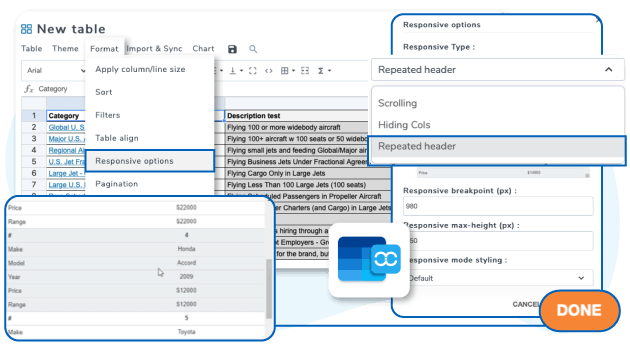 Responsive table using data header group mode