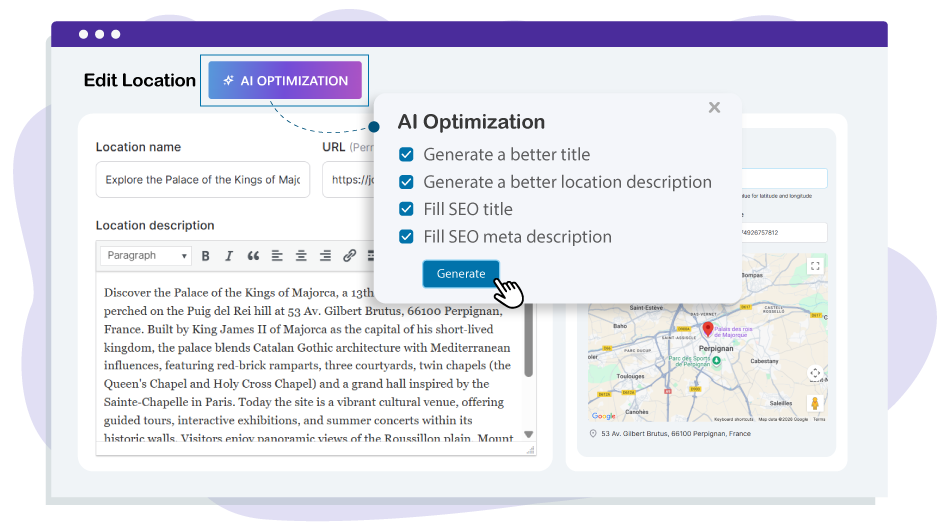 Flexible shortcode generator for locations search, maps and places