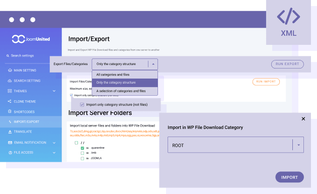 Export and import only the file structure